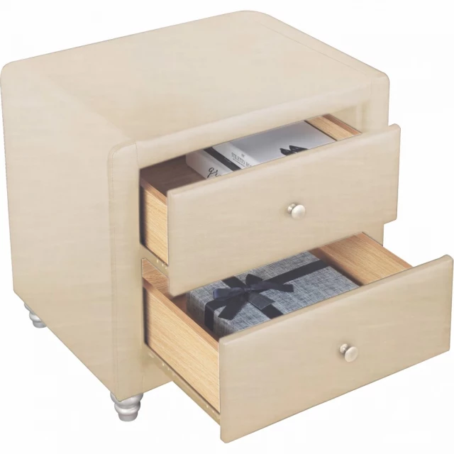 Beige nightstand with drawers and wood shelving suitable for bedroom storage