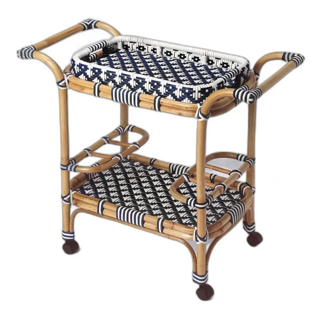 Blue white rattan bar cart with metal armrests and wicker pattern outdoor furniture