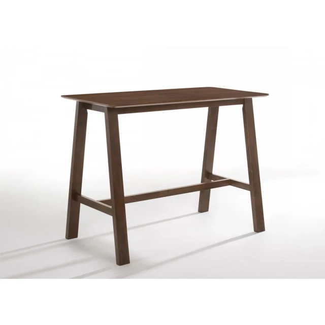 Rectangular counter height wood dining table with tableware on outdoor wood stain finish