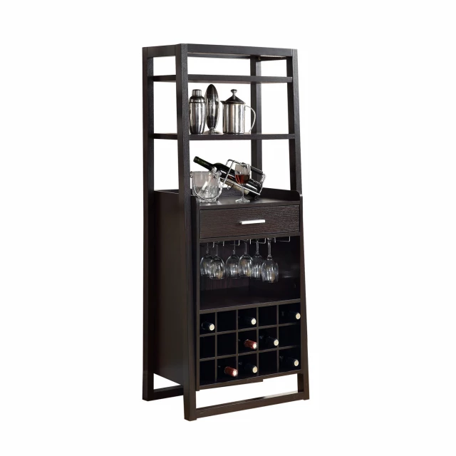 Standard bar cabinet with four shelves and a drawer featuring shelving and bookcase design