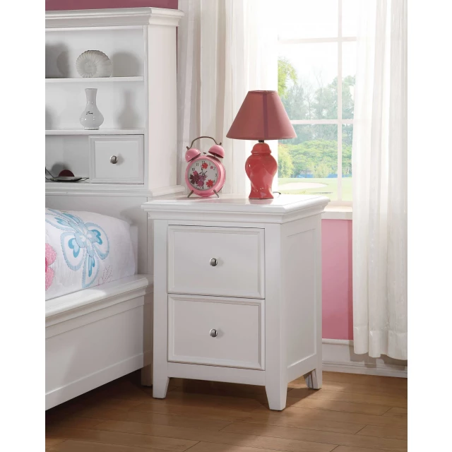 White drawers nightstand with wood cabinetry and shelving in interior design