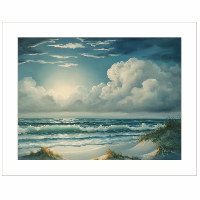White framed print of a serene natural landscape with sky
