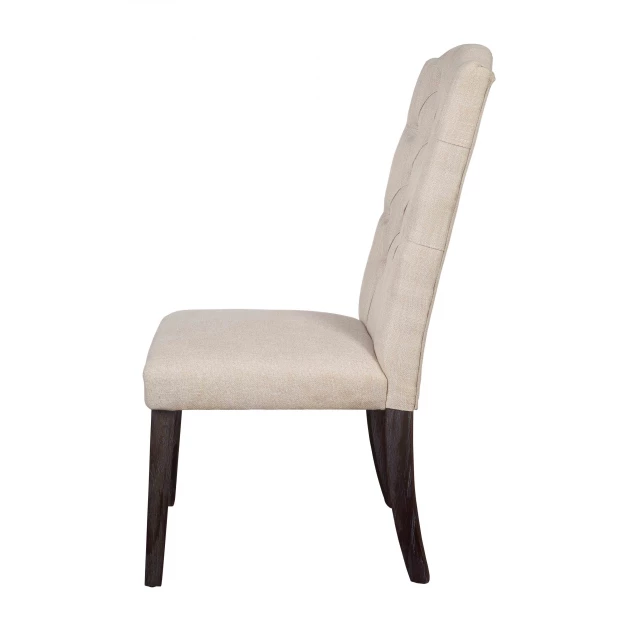 Espresso upholstered linen dining side chairs with wood armrests and comfortable seating
