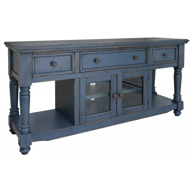 Wood open shelving distressed TV stand with drawers and cabinetry for living room furniture