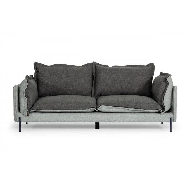 modern tone grey sofa with reversible cushions and wood accents