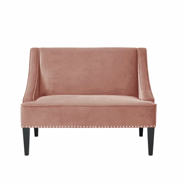 Blush brown upholstered velvet bench with hardwood legs and comfortable rectangle cushion design suitable for outdoor use