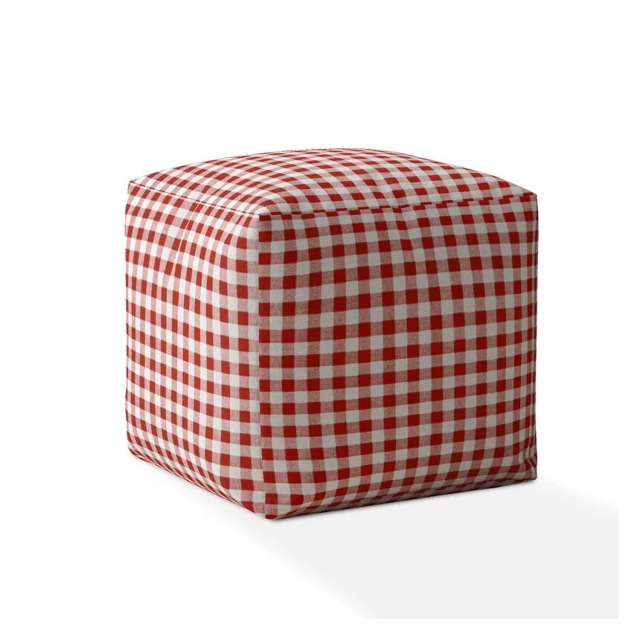 Red and white cotton gingham pouf ottoman with patterned design for home decor