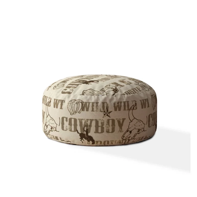Brown cotton round cowboy pouf cover with artistic design elements