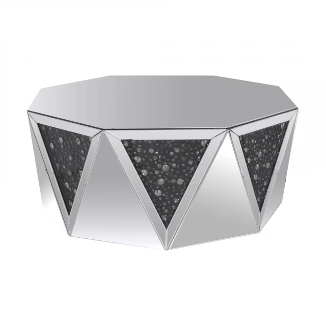 Silver glass octagon mirrored coffee table with symmetrical design and artistic elements