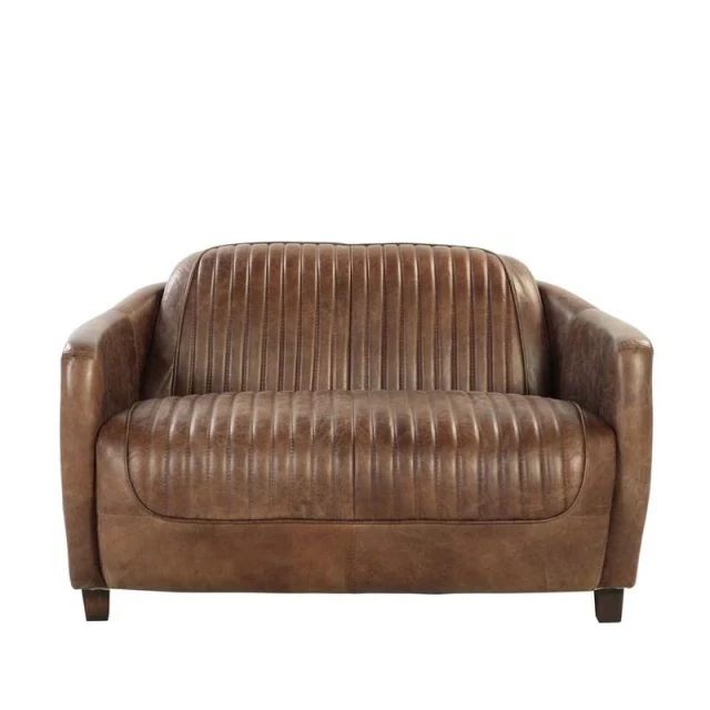 Brown leather loveseat with comfortable armrests and hardwood frame