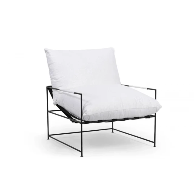White black linen accent arm chair with armrest for comfortable indoor seating