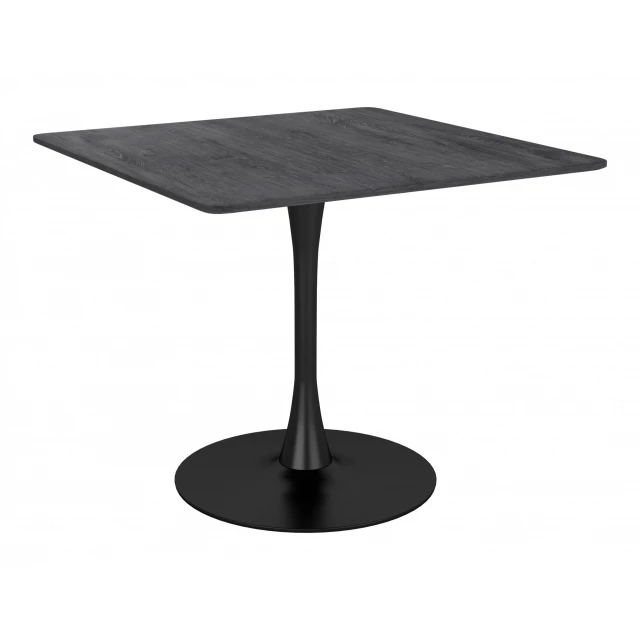 Square black pedestal dining table with lamp and outdoor setting