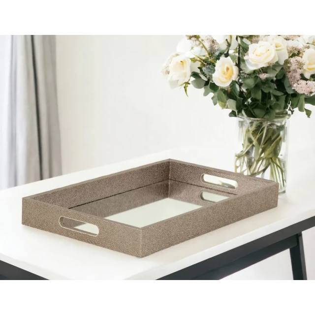 gray rectangular wood handmade tray with handles and white flower petals