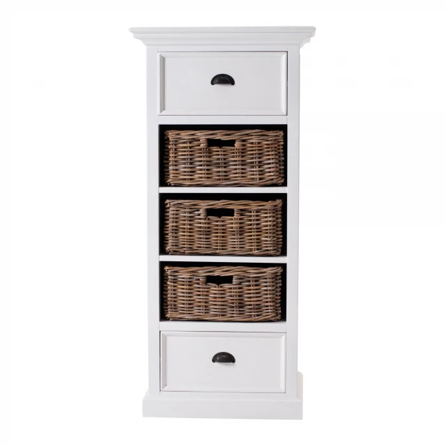 Classic white storage cabinet basket with electronic and machine elements