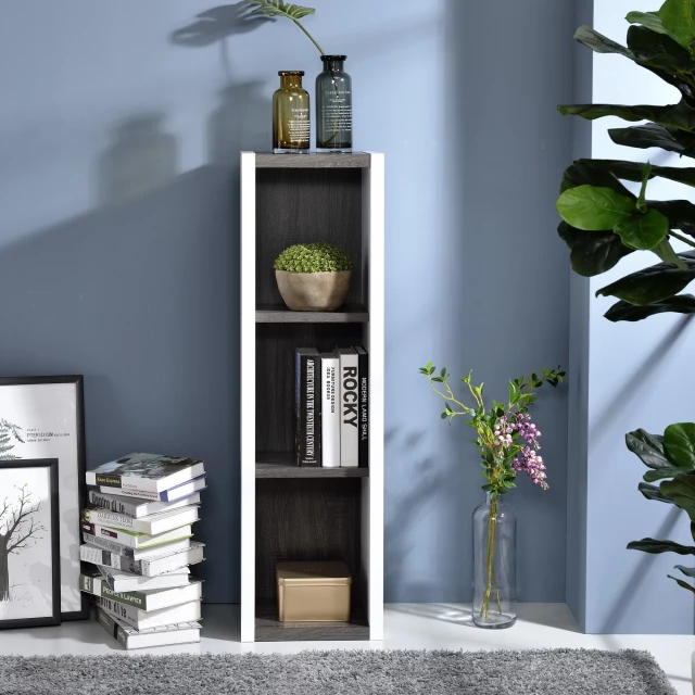 Dark gray white cube storage bookshelf with plants and houseplants in interior design setting