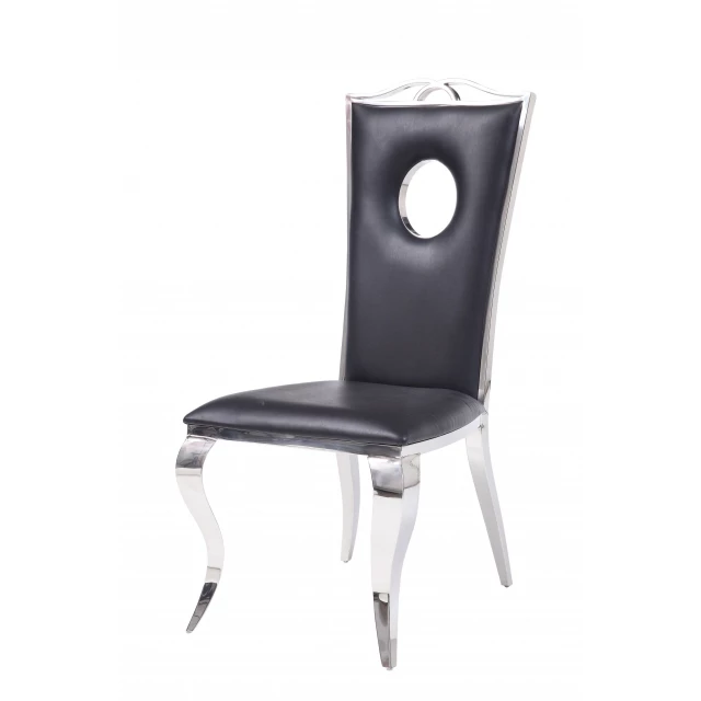 Stainless steel upholstered seat side chair with armrests and wood accents in electric blue