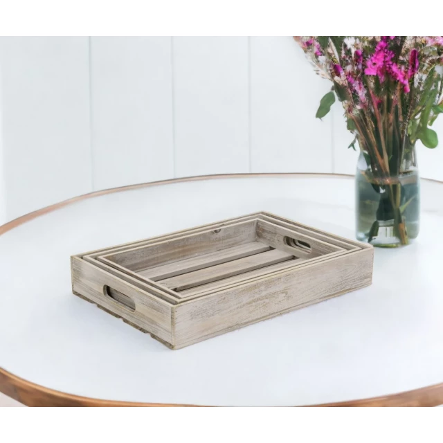 gray rectangular wood handmade tray with handles and flowers