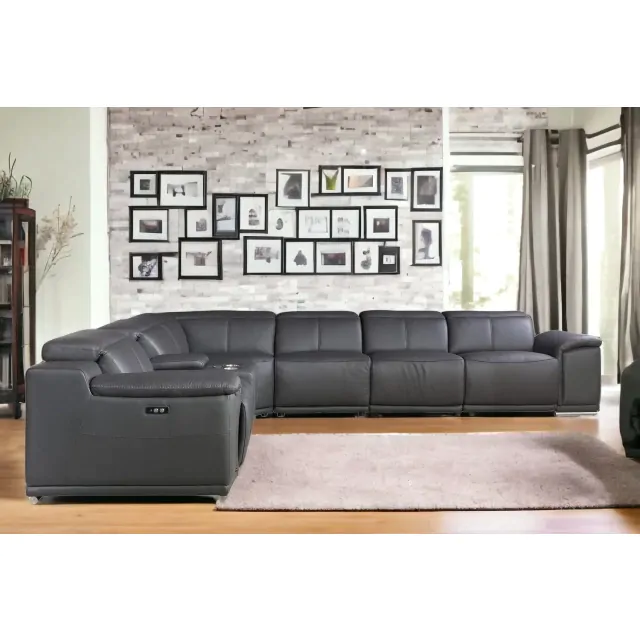 Gray Italian Leather Power Reclining U Shaped Seven Piece Corner Sectional With Console Gray Italian Leather Power Reclining U Shaped Seven Piece Corner Sectional With Console
