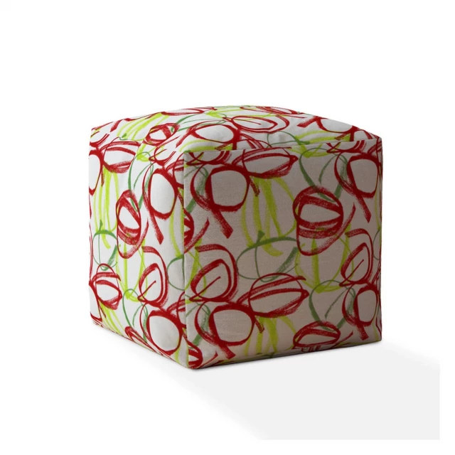 Green and white cotton abstract pouf cover with floral and geometric patterns