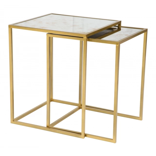 Gold white faux marble nested tables with wood stain finish and plank design