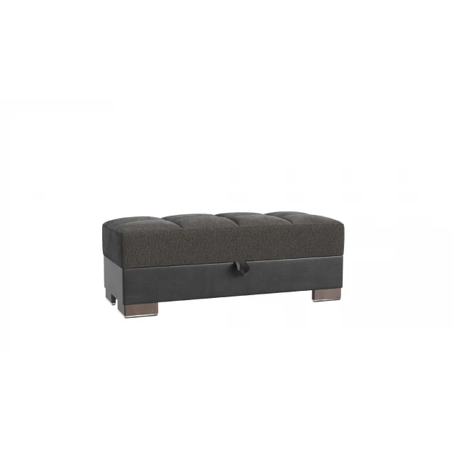 Gray chenille brown tufted storage ottoman with comfortable rectangle cushion and wooden flooring detail