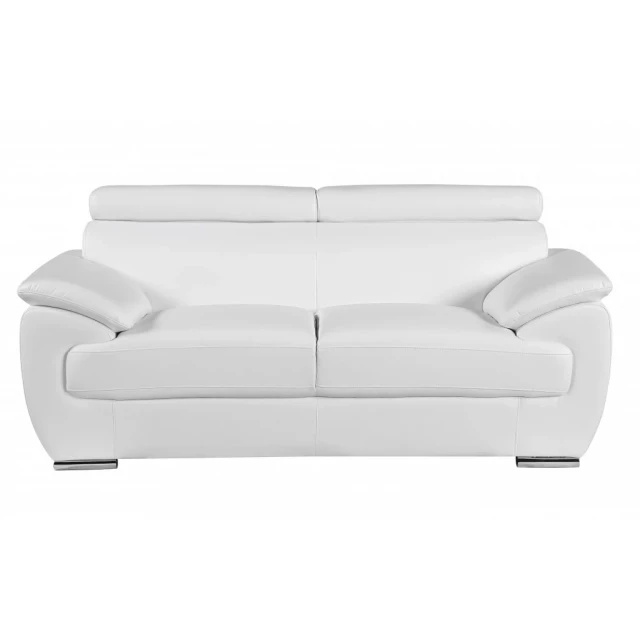 White silver faux leather love seat with comfortable armrests and modern design