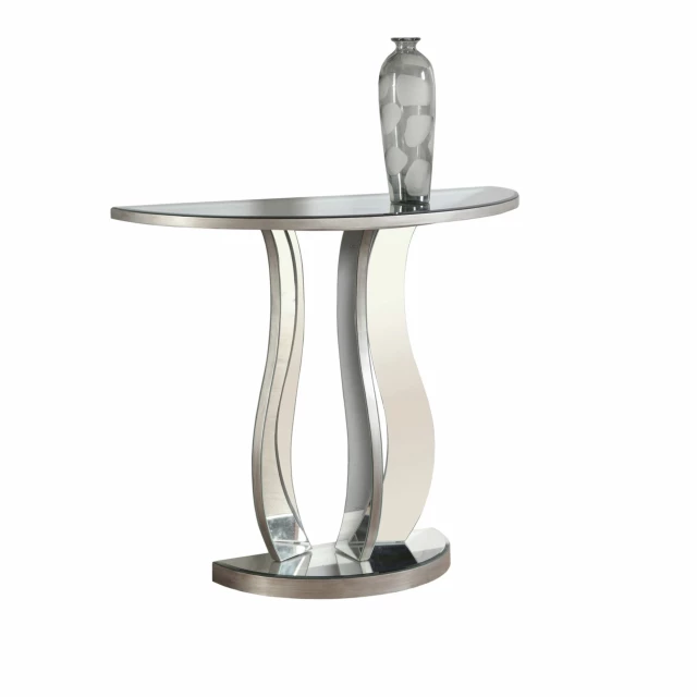 Silver mirrored end table with glass tabletop and artistic design