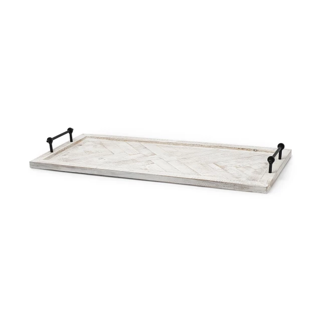 herringbone pattern metal raised edges tray with wood and metal elements