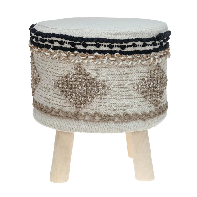 Beige jute brown round abstract ottoman in a furniture setting with wood and outdoor elements