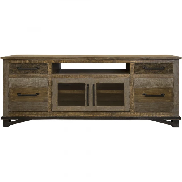 Distressed wood TV stand with enclosed cabinet storage and drawer details