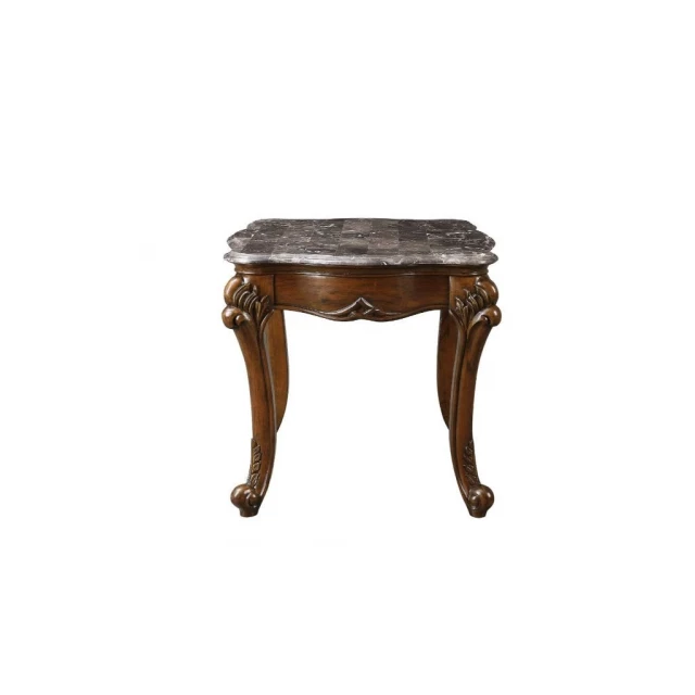 Brown marble polyresin rectangular end table with wood stain and metal accents