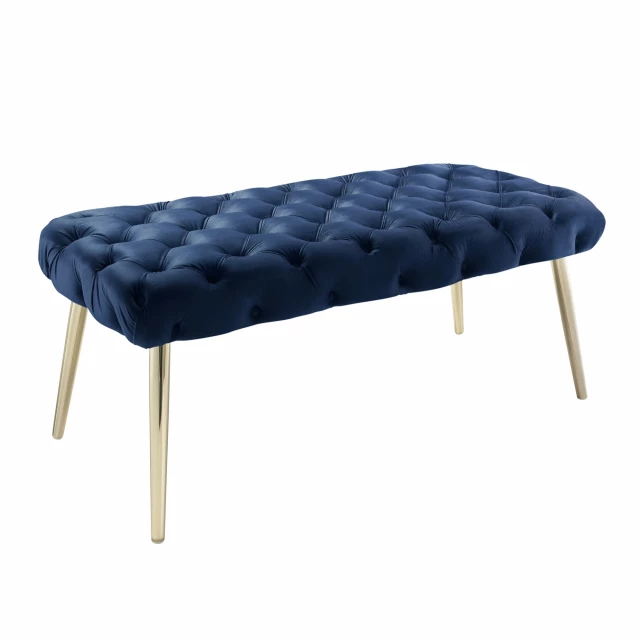 Navy blue gold upholstered velvet bench with electric blue accents suitable for outdoor furniture