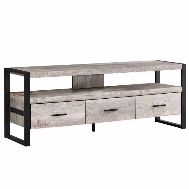 hollow core metal tv stand with drawers and wood stain finish