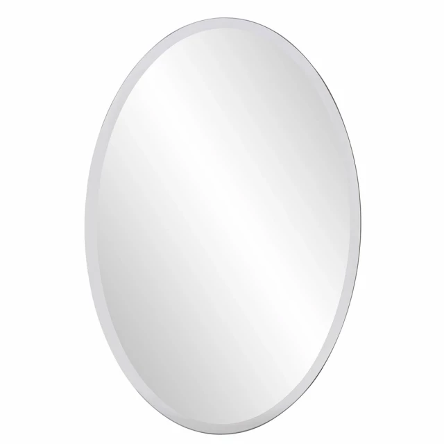 Oval shaped frameless mirror product image showing metallic serveware reflection