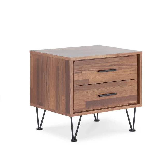 Brown metal nightstand with drawers and wood stain finish