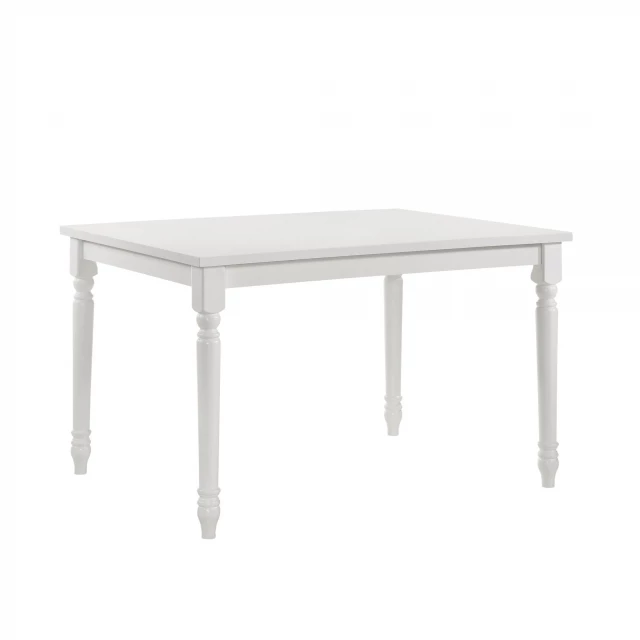 White solid wood dining table with metal accents suitable for outdoor use
