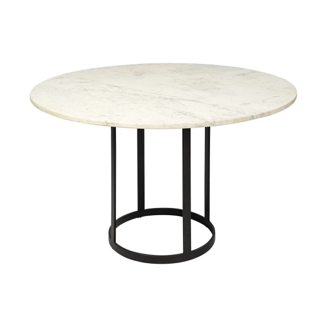 Marble black metal base dining table with wood and outdoor furniture elements
