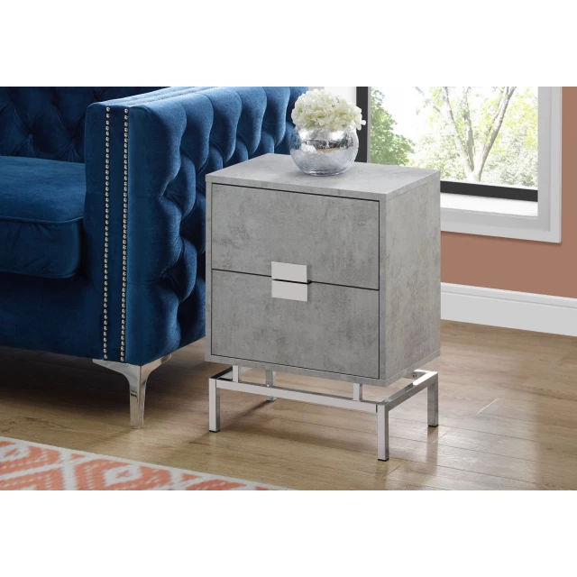 particle board chrome metal accent table with grey wood texture and electric blue accents