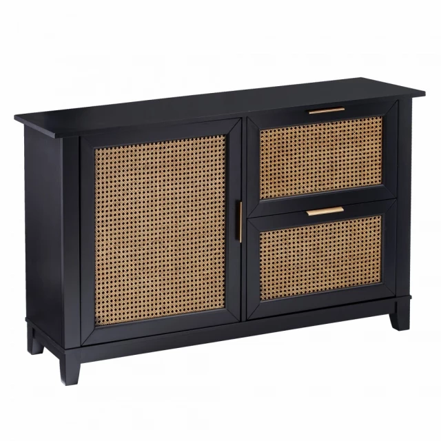 Black cane bamboo accent storage cabinet with wood and metal details