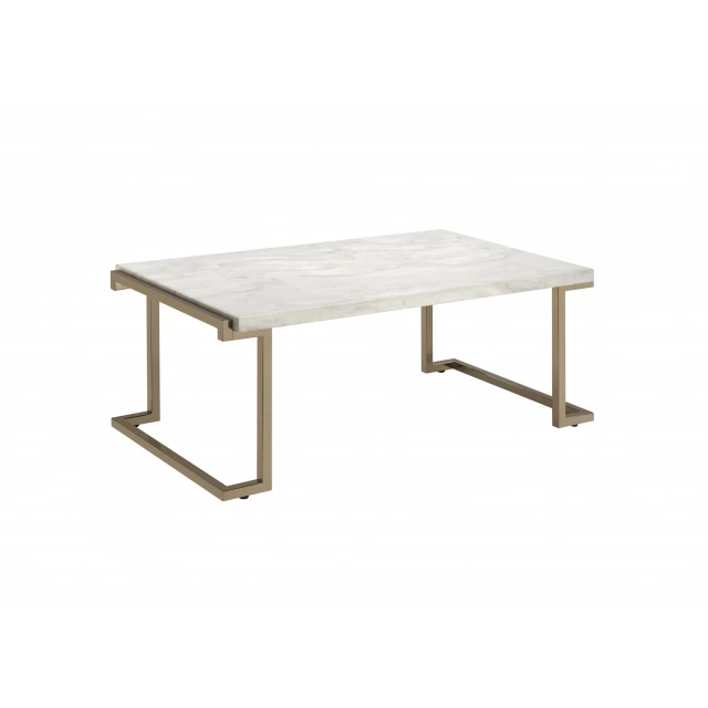 Marble champagne metal base coffee table with rectangle wood top and bench-like design