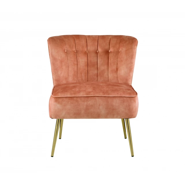 Orange velvet brown solid slipper chair with hardwood legs and comfortable rectangular seat
