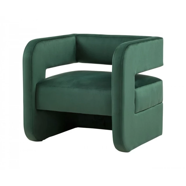Modern green velvet U-shaped chair with wood armrests for comfortable seating