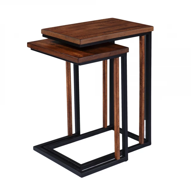 Solid wood rectangular nested end tables with pedestal and shelving for outdoor and indoor decor