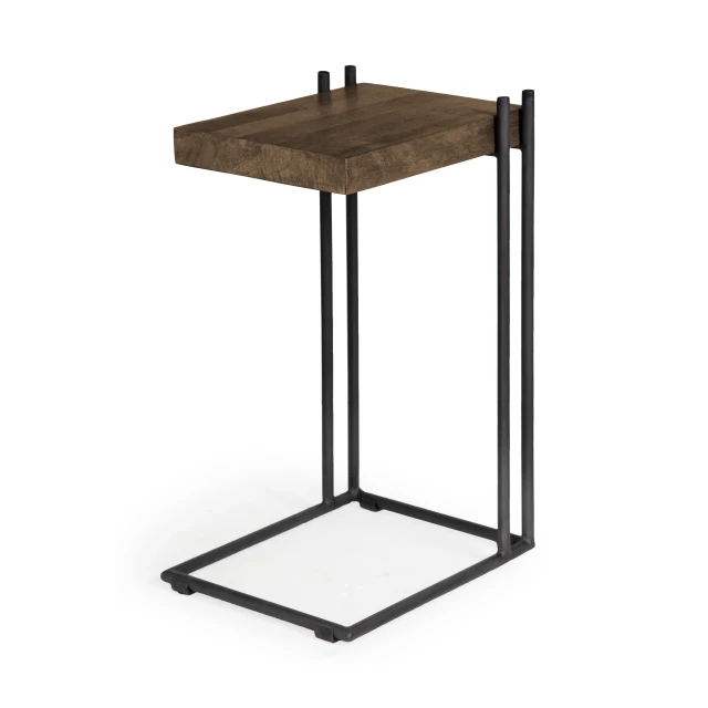 Black wood side table with metal frame and rectangular pedestal design