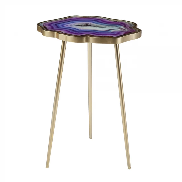 shades violet faux agate end table with electric blue and magenta accents in a circular design