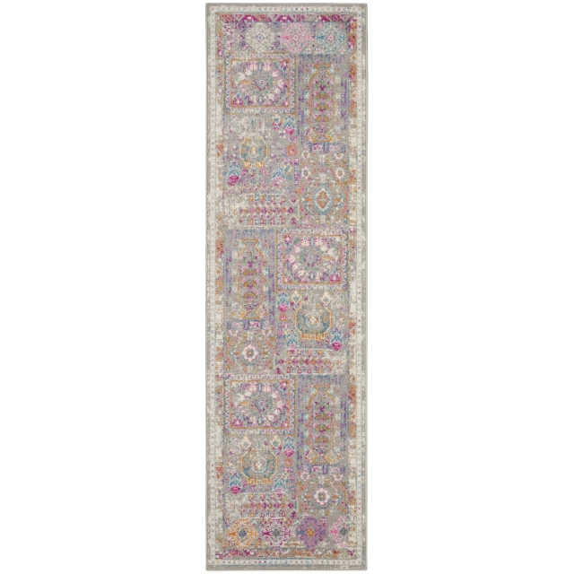 gray abstract power loom runner rug with magenta pattern in rectangular shape
