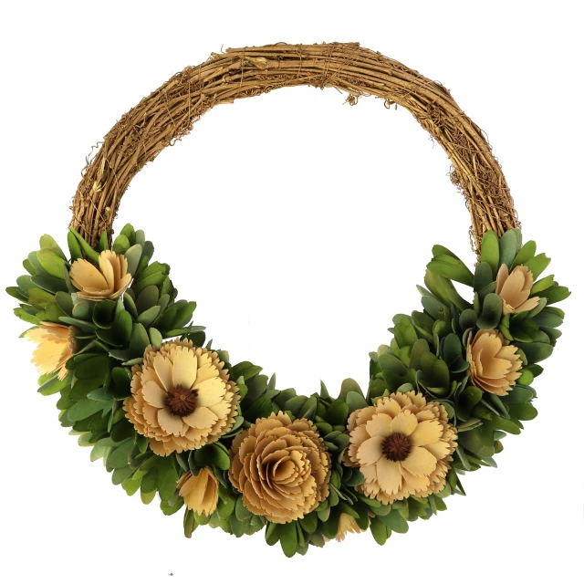 Green and brown artificial mixed wreath with floral and creative arts elements