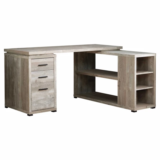 taupe l shape computer desk with drawers and wood finish