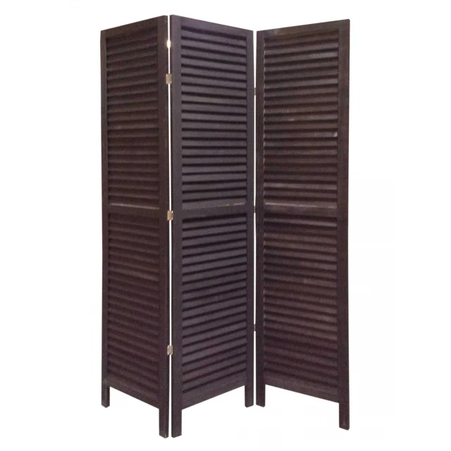 Black wood shutter screen room divider in home decor setting