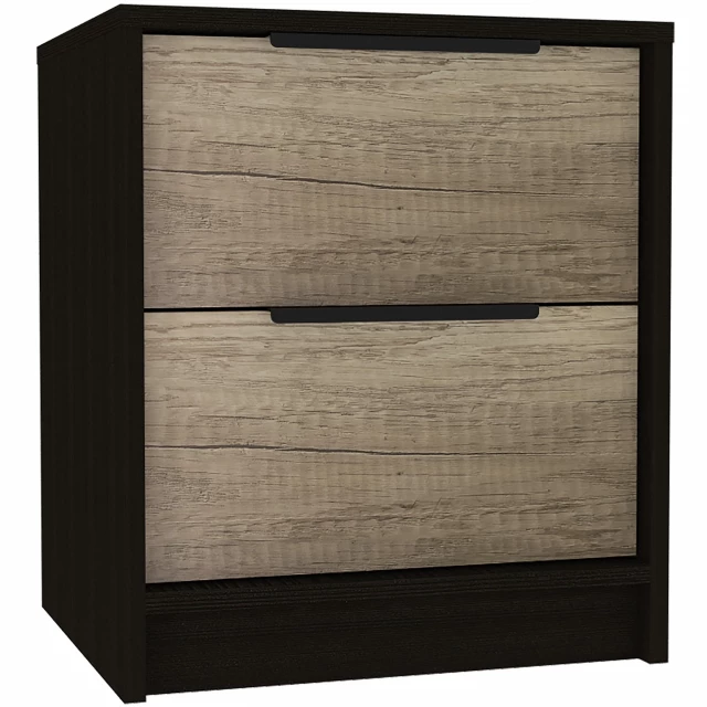 Black open compartment nightstand with wood finish and multiple drawers